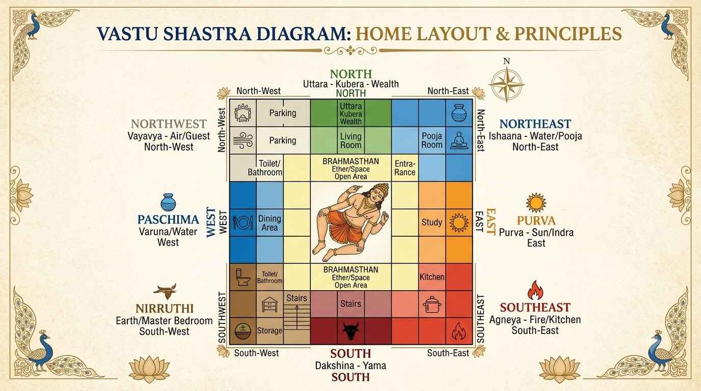 Vastu Shastra home layout diagram — eight directions, their Sanskrit names (Uttara, Ishana, Purva, Agneya, Dakshina, Nairritya, Pashchima, Vayavya), ruling deities, and ideal room placements including Kitchen in the Southeast, Pooja Room in the Northeast, and Master Bedroom in the Southwest.