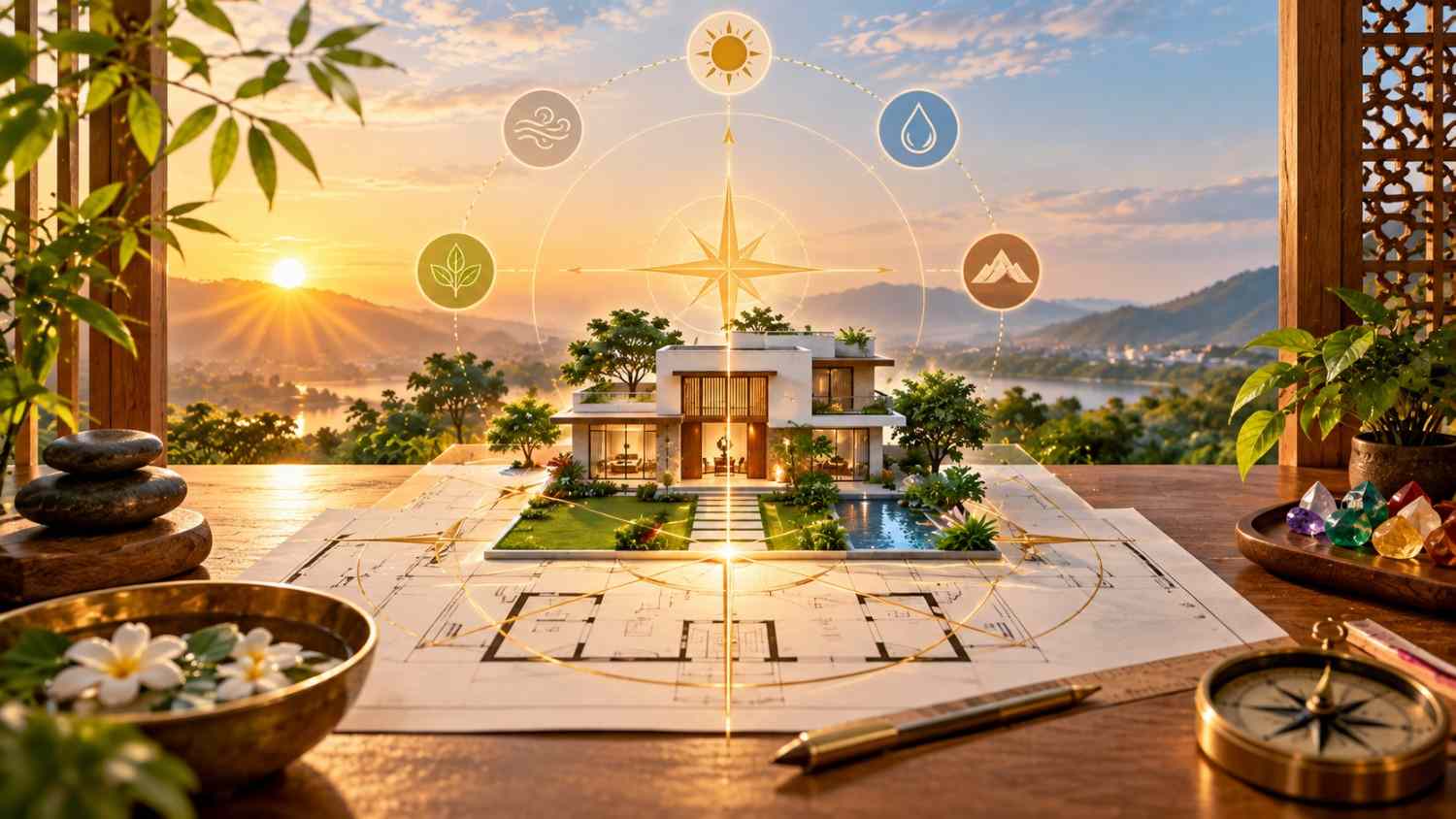 Vastu-aligned building design — traditional Vastu Purusha Mandala overlaid on a project floor plan