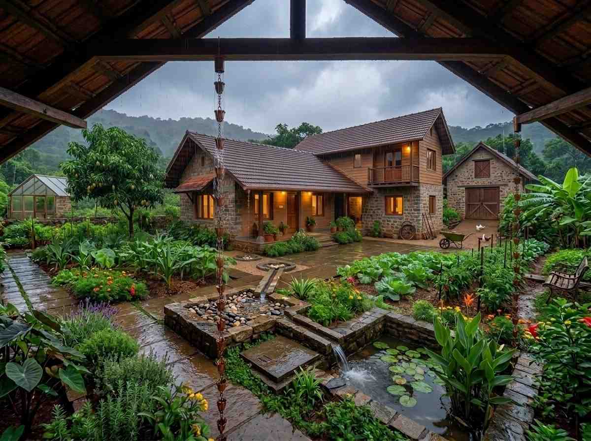 Rainwater collection at a sustainable farmhouse
