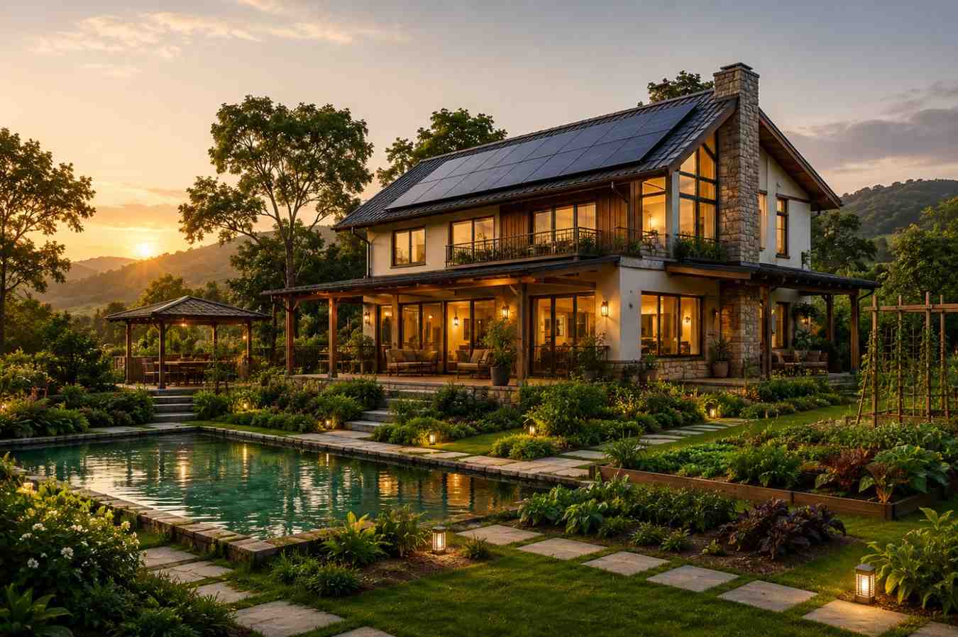 Sustainable luxury farmhouse surrounded by nature
